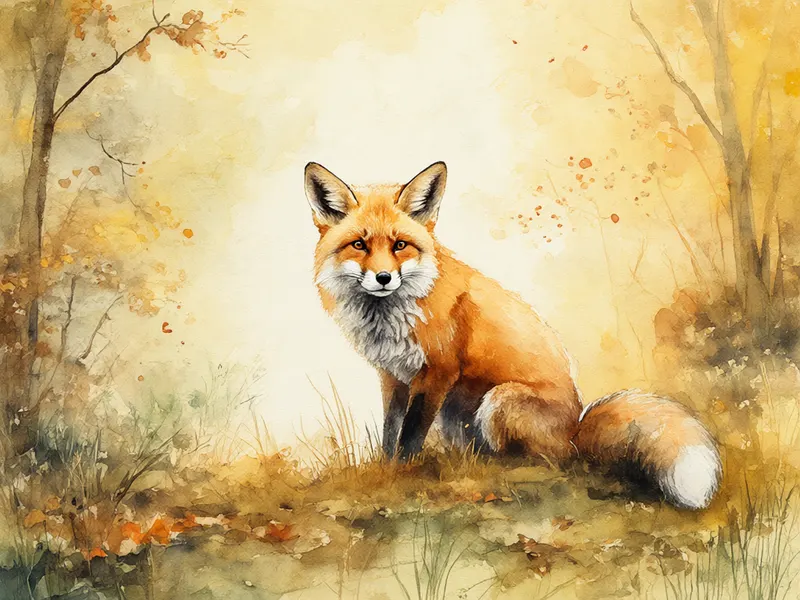 Peinture à l'aquarelle d'un renard roux assis dans une forêt brumeuse d'automne, traversée de lumière dorée.