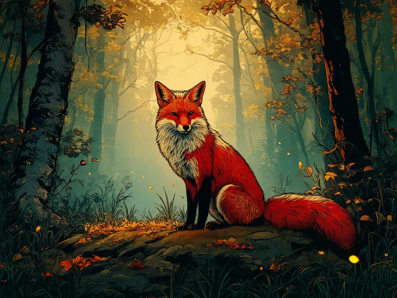 Illustration très contrastée, aux contours marqués, d'un renard roux assis dans une forêt d'automne à contre-jour, avec de petites lumières jaunes.